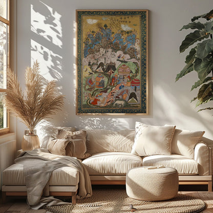 Immerse yourself in the vibrant world of this Persian miniature tapestry, showcasing intricate for Sitting Area
