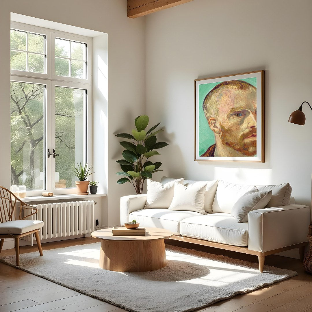 This striking self-portrait showcases the profound introspection and emotional depth typical of for Living Room
