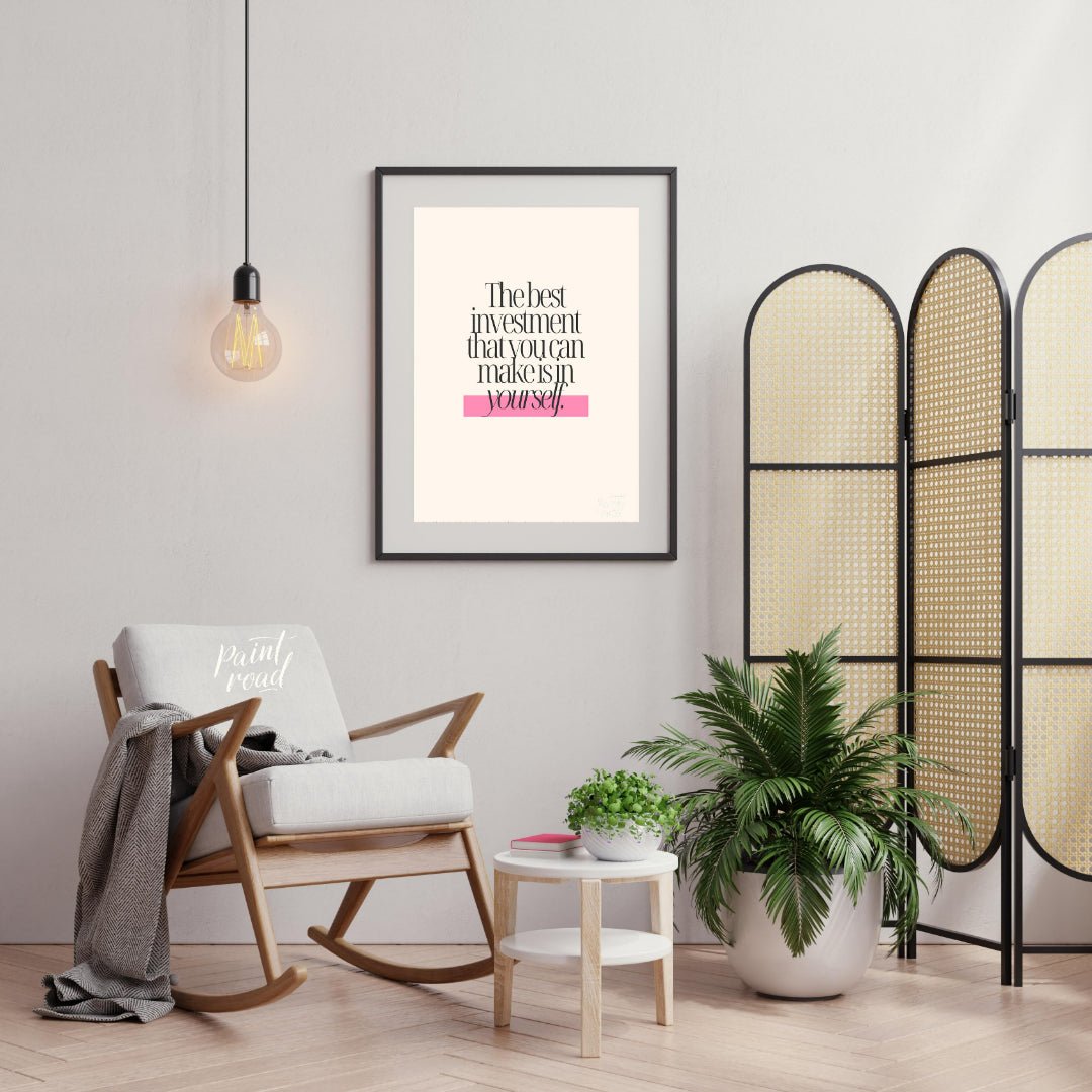 This minimalist digital graphic features a powerful motivational quote, "The best investment that y… for office