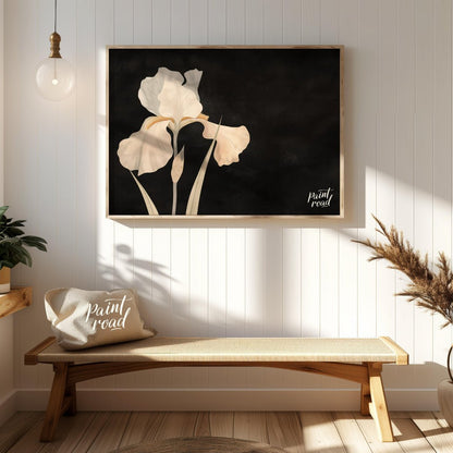 This elegant digital artwork, "Irina's Noir Iris" by Irina Fleming, features a single, luminous whi… for entryway