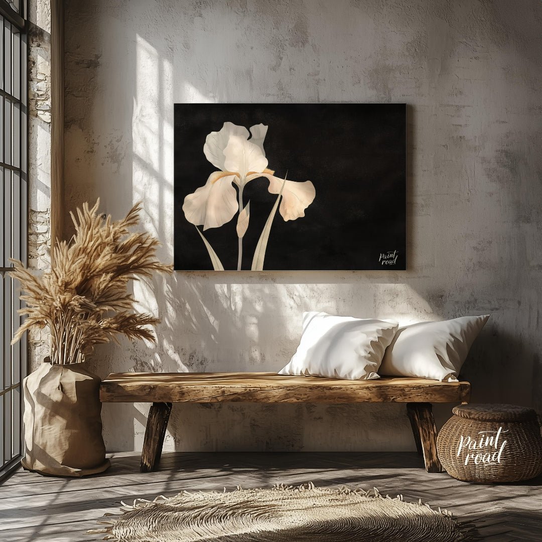 This elegant digital artwork, "Irina's Noir Iris" by Irina Fleming, features a single, luminous whi… for entryway