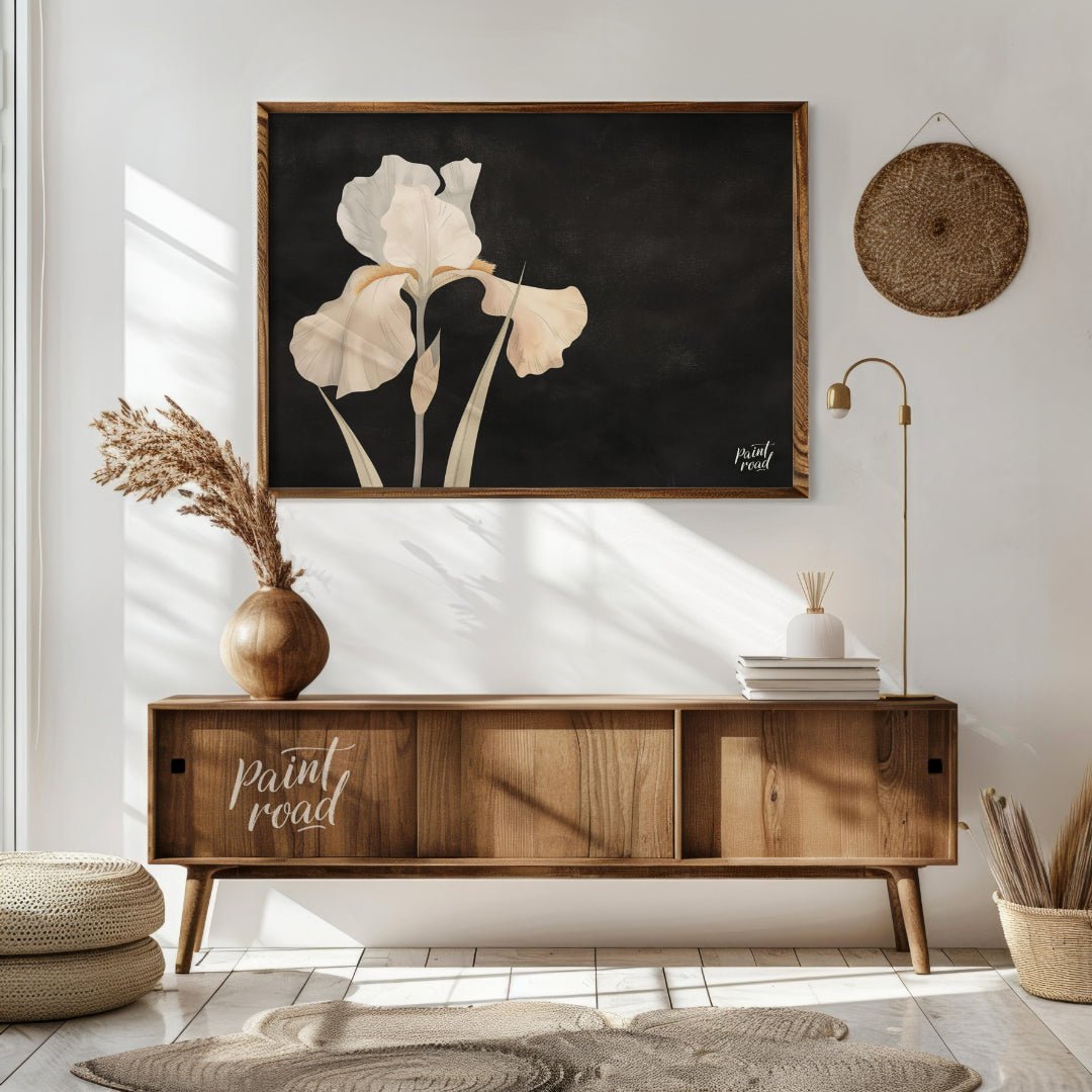 This elegant digital artwork, "Irina's Noir Iris" by Irina Fleming, features a single, luminous whi… for living room