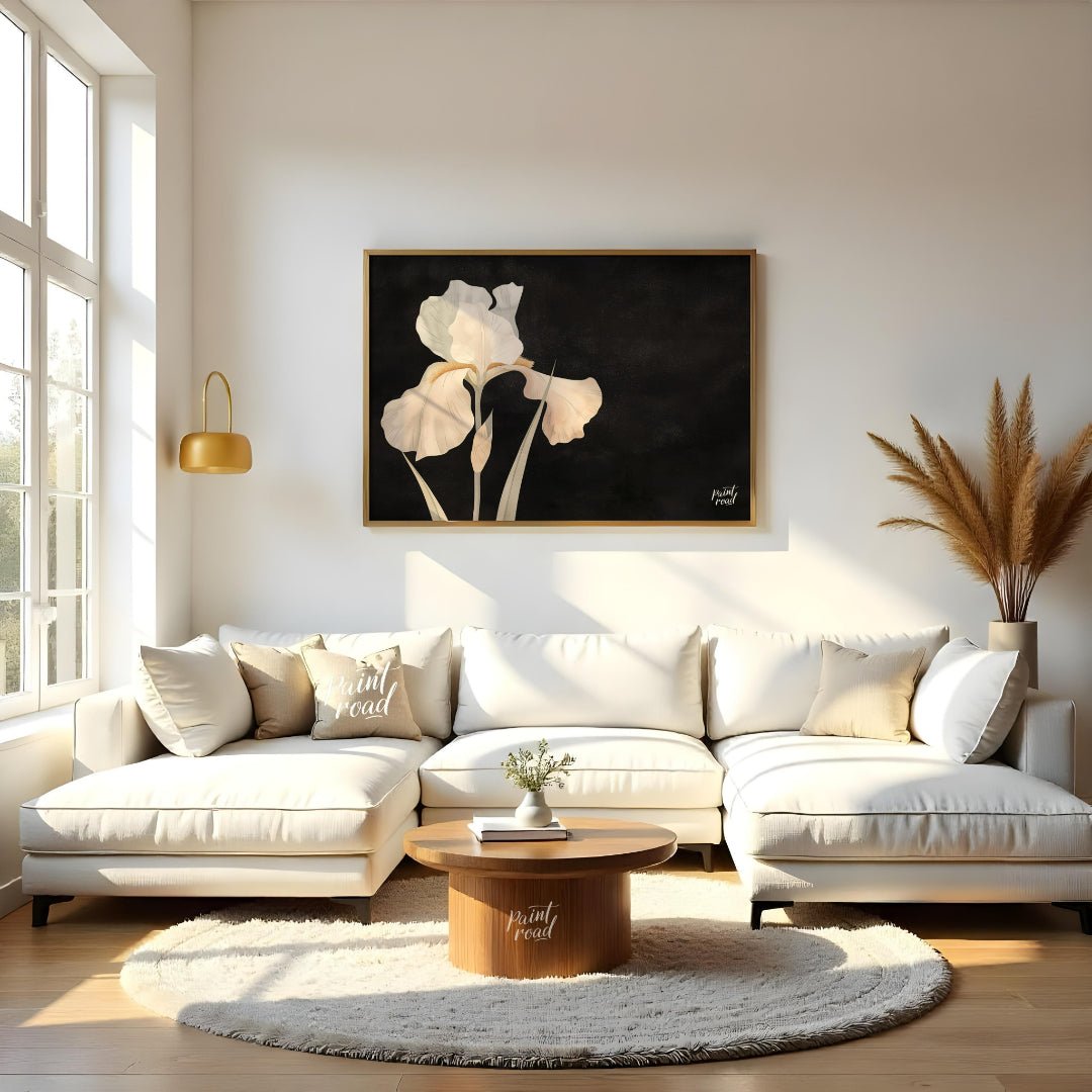 This elegant digital artwork, "Irina's Noir Iris" by Irina Fleming, features a single, luminous whi… for living room