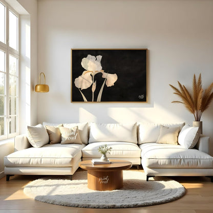 This elegant digital artwork, "Irina's Noir Iris" by Irina Fleming, features a single, luminous whi… for living room
