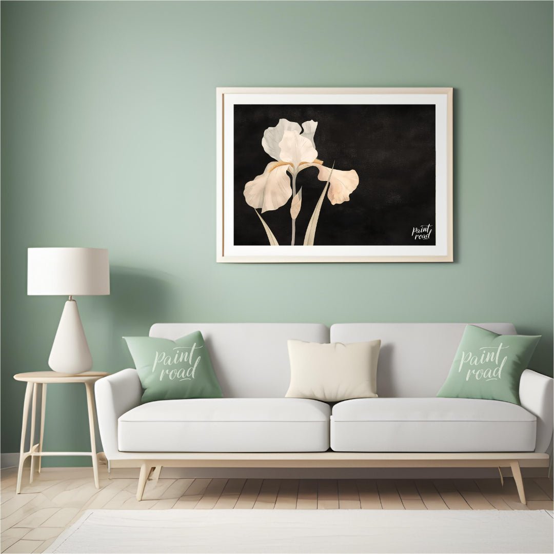 This elegant digital artwork, "Irina's Noir Iris" by Irina Fleming, features a single, luminous whi… for living room