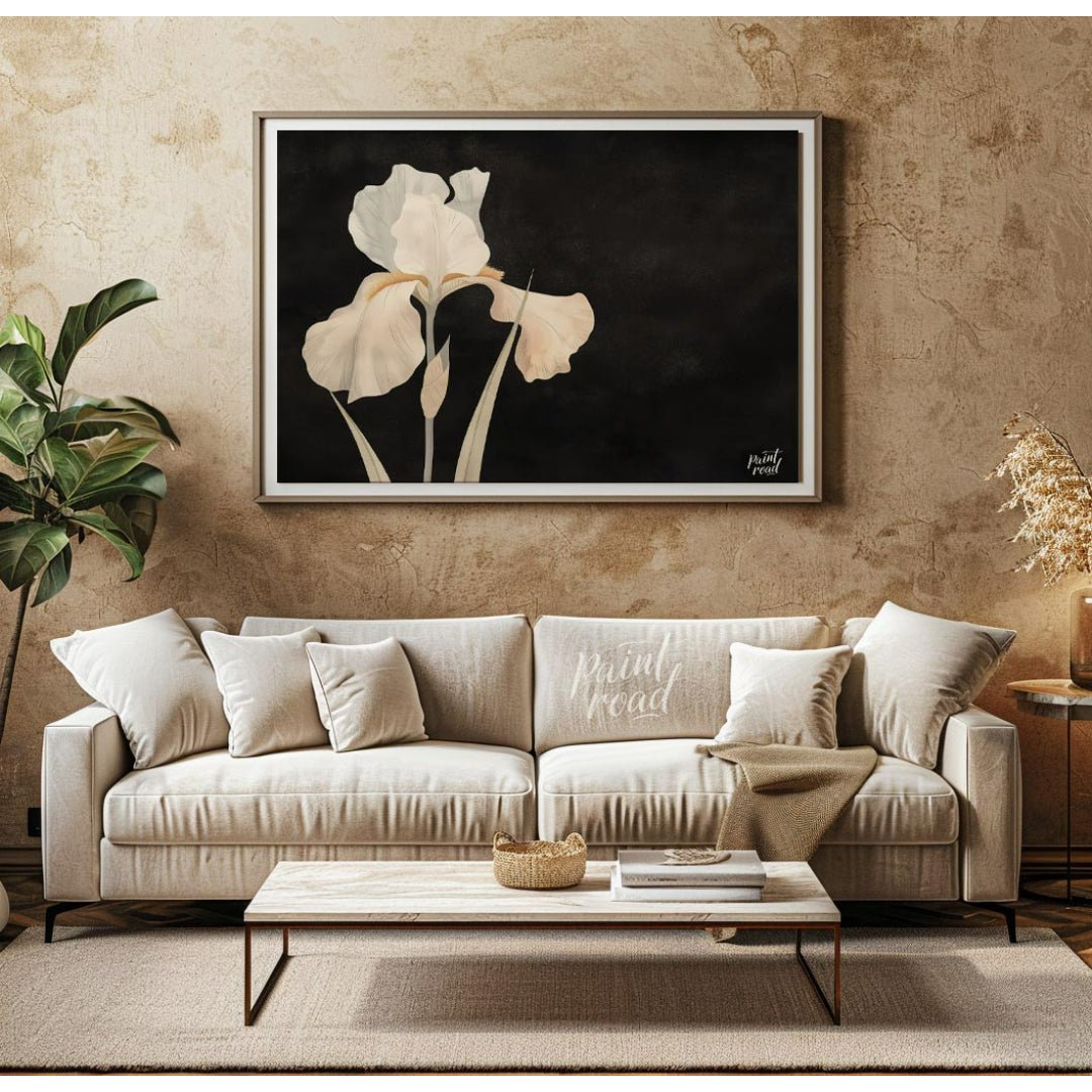This elegant digital artwork, "Irina's Noir Iris" by Irina Fleming, features a single, luminous whi… for living room