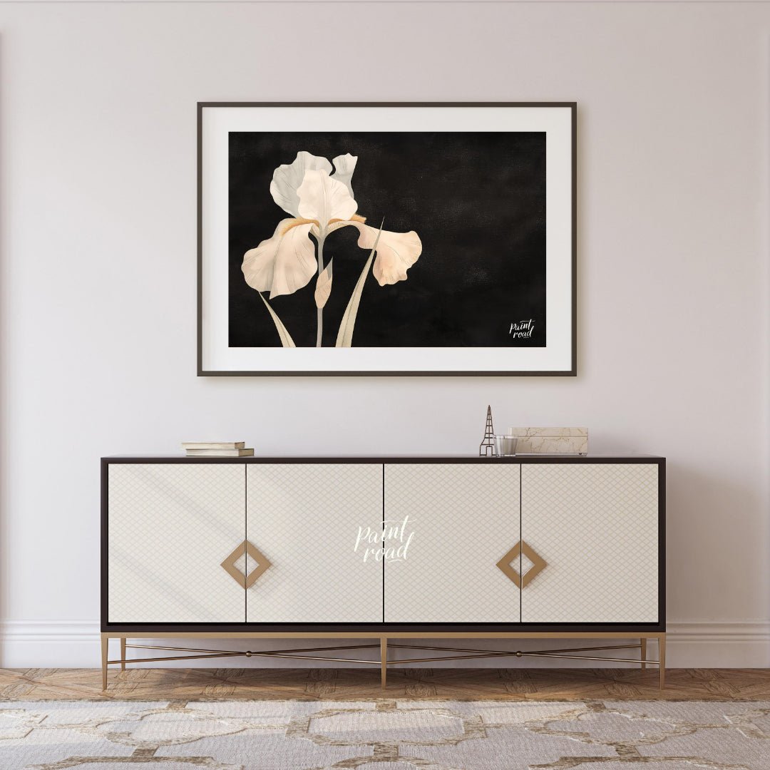This elegant digital artwork, "Irina's Noir Iris" by Irina Fleming, features a single, luminous whi… for living room