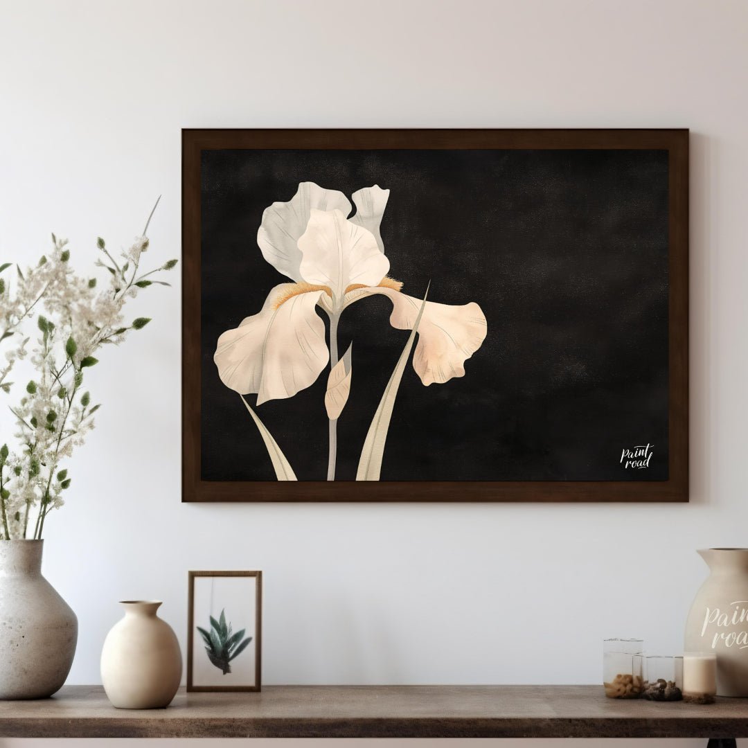 This elegant digital artwork, "Irina's Noir Iris" by Irina Fleming, features a single, luminous whi… for living room