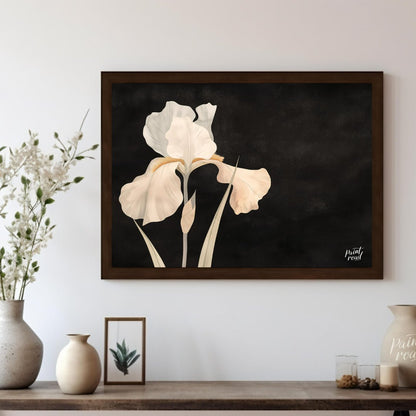 This elegant digital artwork, "Irina's Noir Iris" by Irina Fleming, features a single, luminous whi… for living room