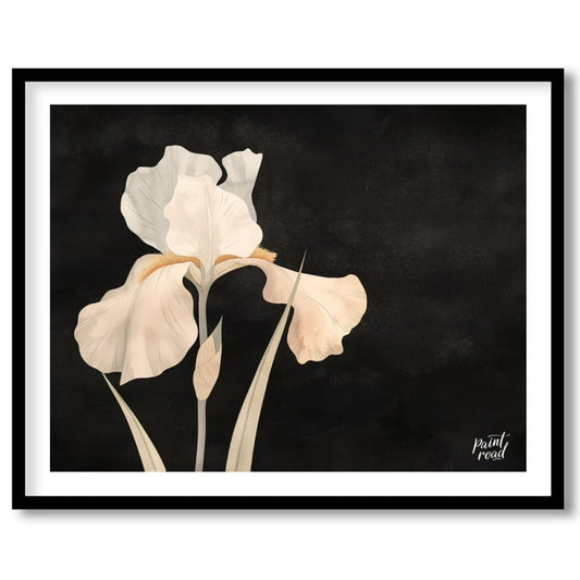 This elegant digital artwork, "Irina's Noir Iris" by Irina Fleming, features a single, luminous whi… for lovely house