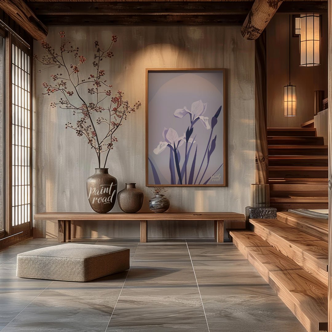 This elegant digital illustration features two white iris flowers with delicate petals, accompanied… for entryway