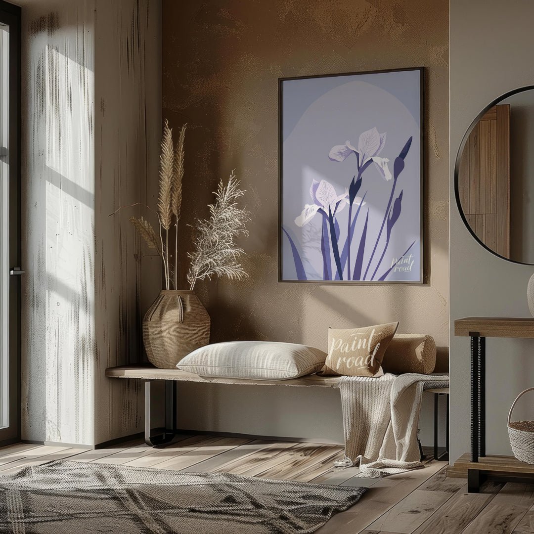 This elegant digital illustration features two white iris flowers with delicate petals, accompanied… for entryway
