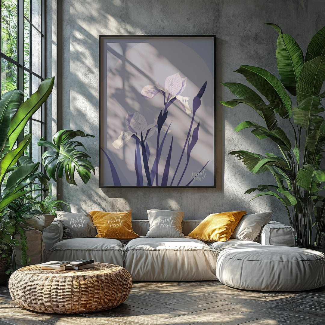 This elegant digital illustration features two white iris flowers with delicate petals, accompanied… for living room