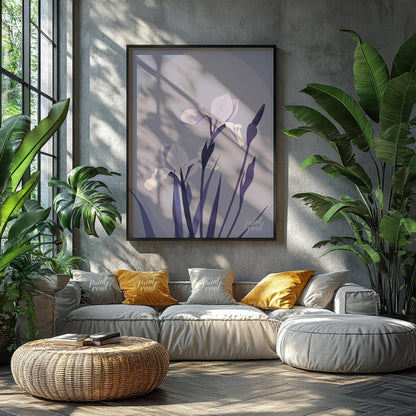 This elegant digital illustration features two white iris flowers with delicate petals, accompanied… for living room