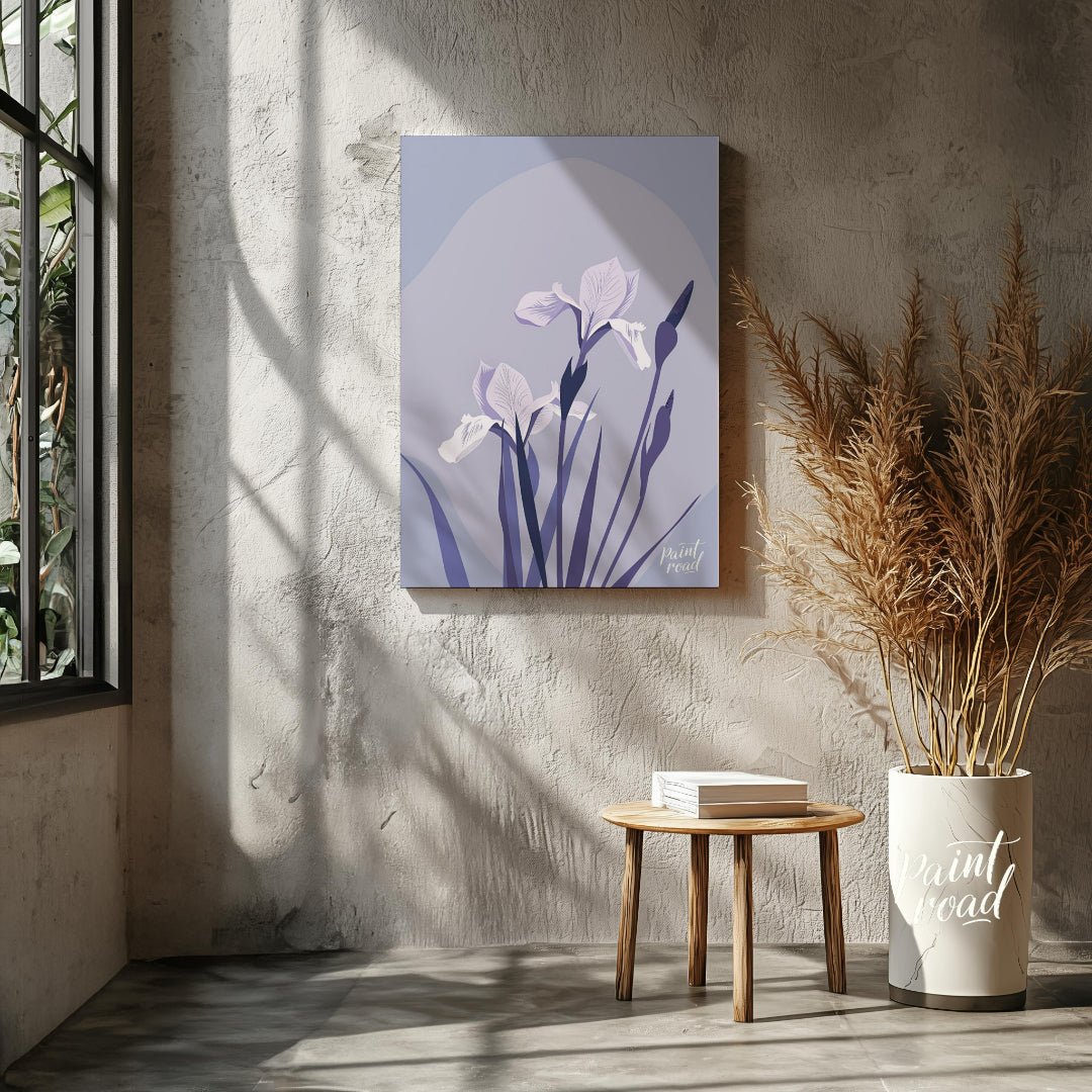 This elegant digital illustration features two white iris flowers with delicate petals, accompanied… for living room