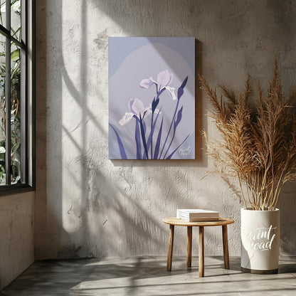 This elegant digital illustration features two white iris flowers with delicate petals, accompanied… for living room