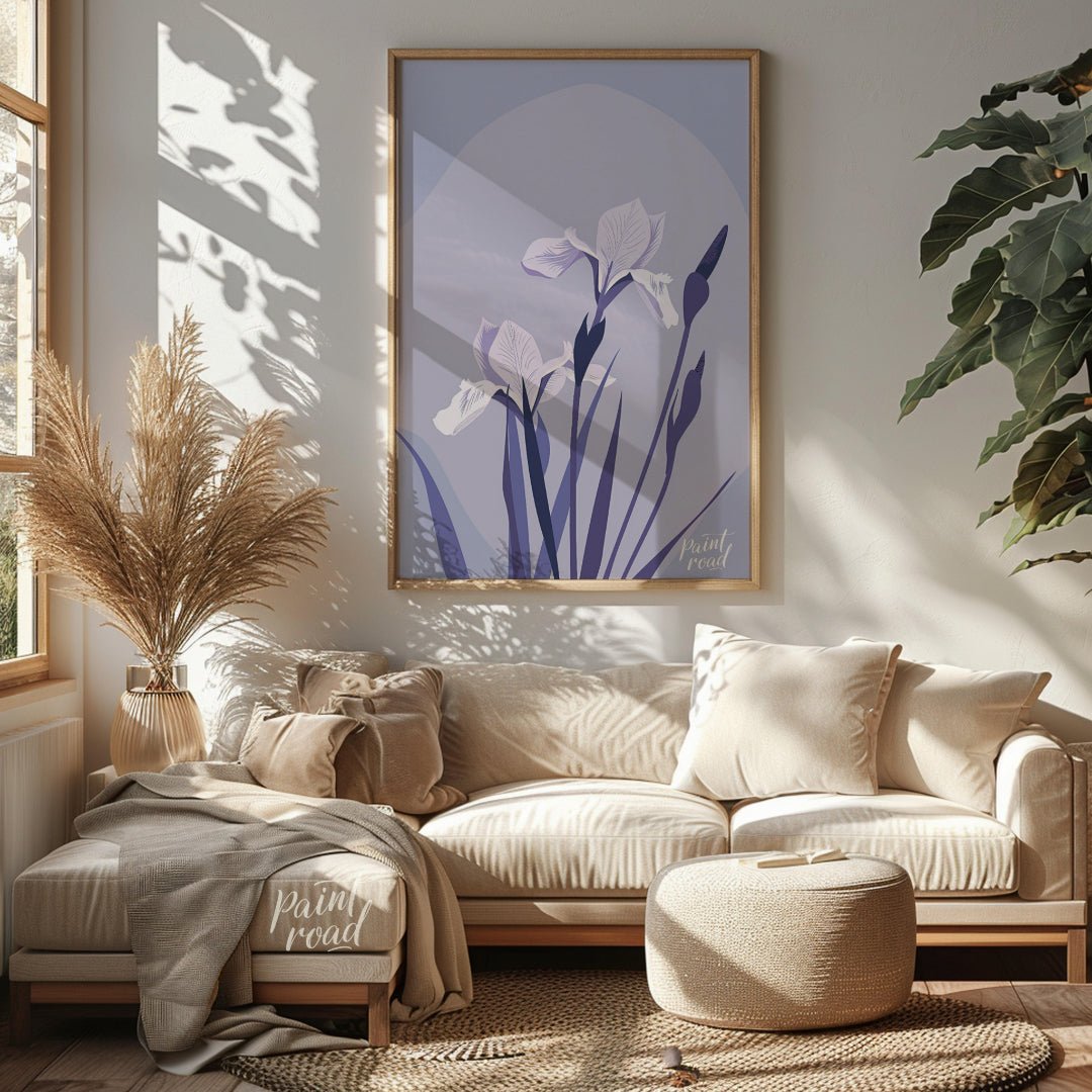 This elegant digital illustration features two white iris flowers with delicate petals, accompanied… for living room
