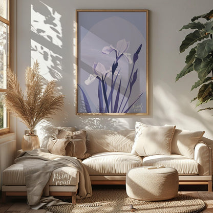 This elegant digital illustration features two white iris flowers with delicate petals, accompanied… for living room