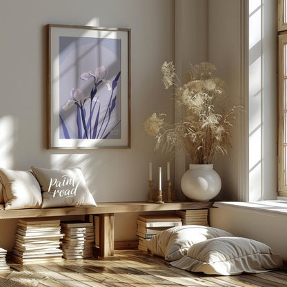 This elegant digital illustration features two white iris flowers with delicate petals, accompanied… for living room