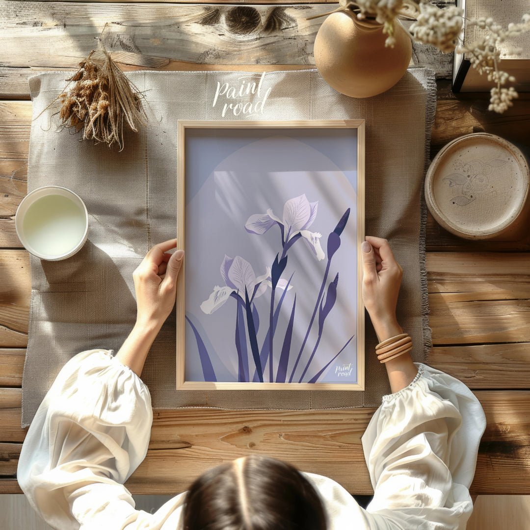 This elegant digital illustration features two white iris flowers with delicate petals, accompanied… for other