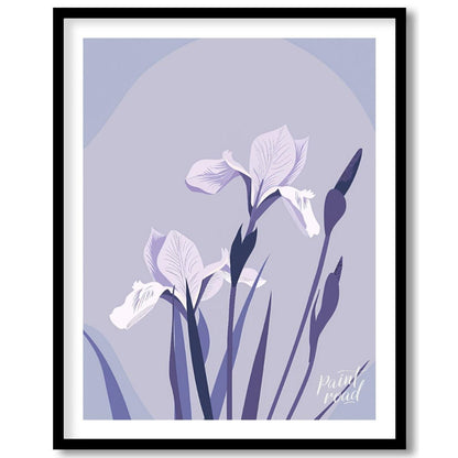 This elegant digital illustration features two white iris flowers with delicate petals, accompanied… for space