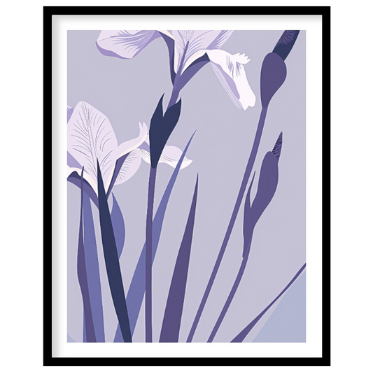 This elegant digital illustration features two white iris flowers with delicate petals, accompanied… for space