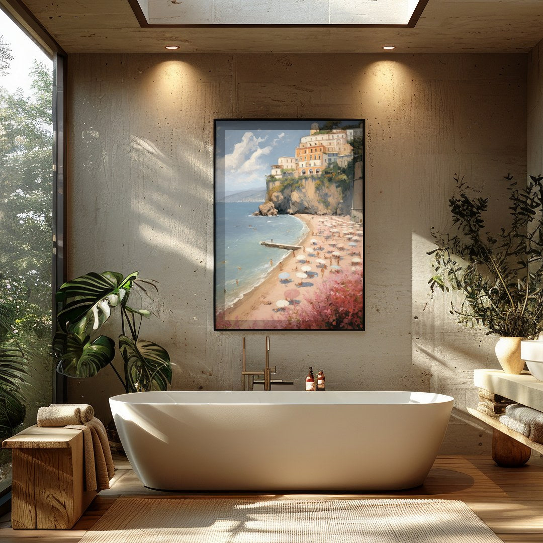 Capture the essence of Mediterranean charm with 'Italian Coastal Bliss.' This stunning artwork for Bathroom