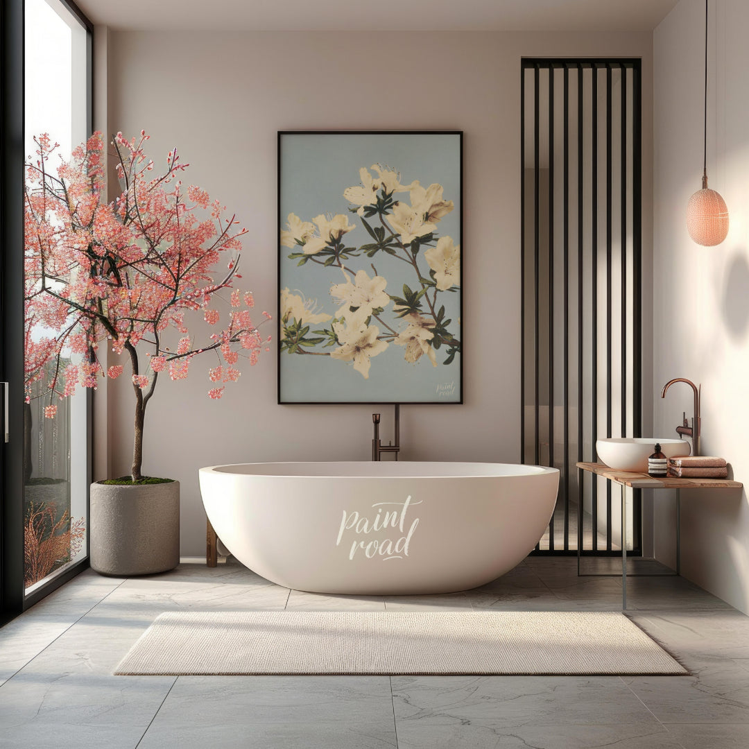 This botanical illustration captures the delicate beauty of white azalea blossoms against a soft, p… for bathroom