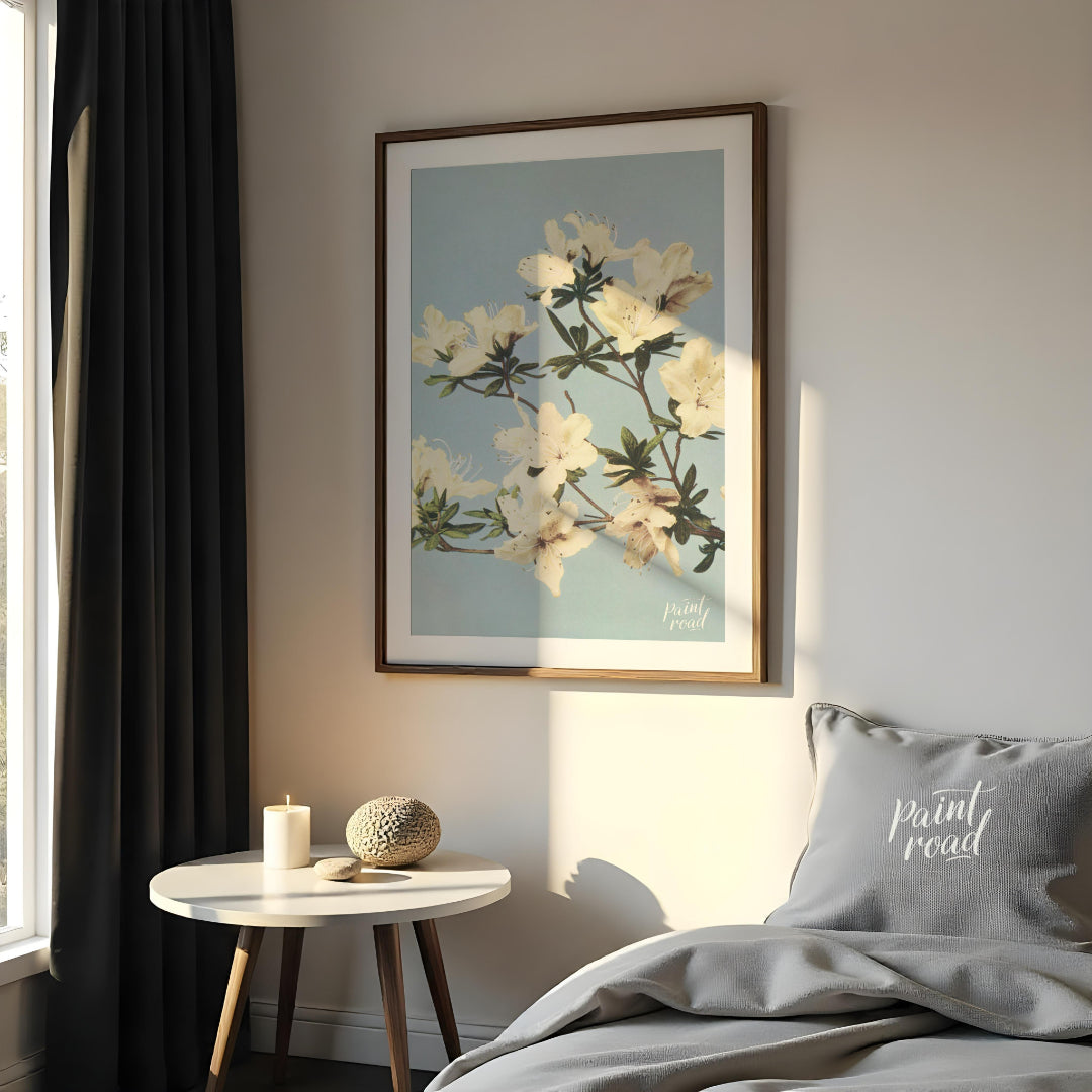 This botanical illustration captures the delicate beauty of white azalea blossoms against a soft, p… for bedroom