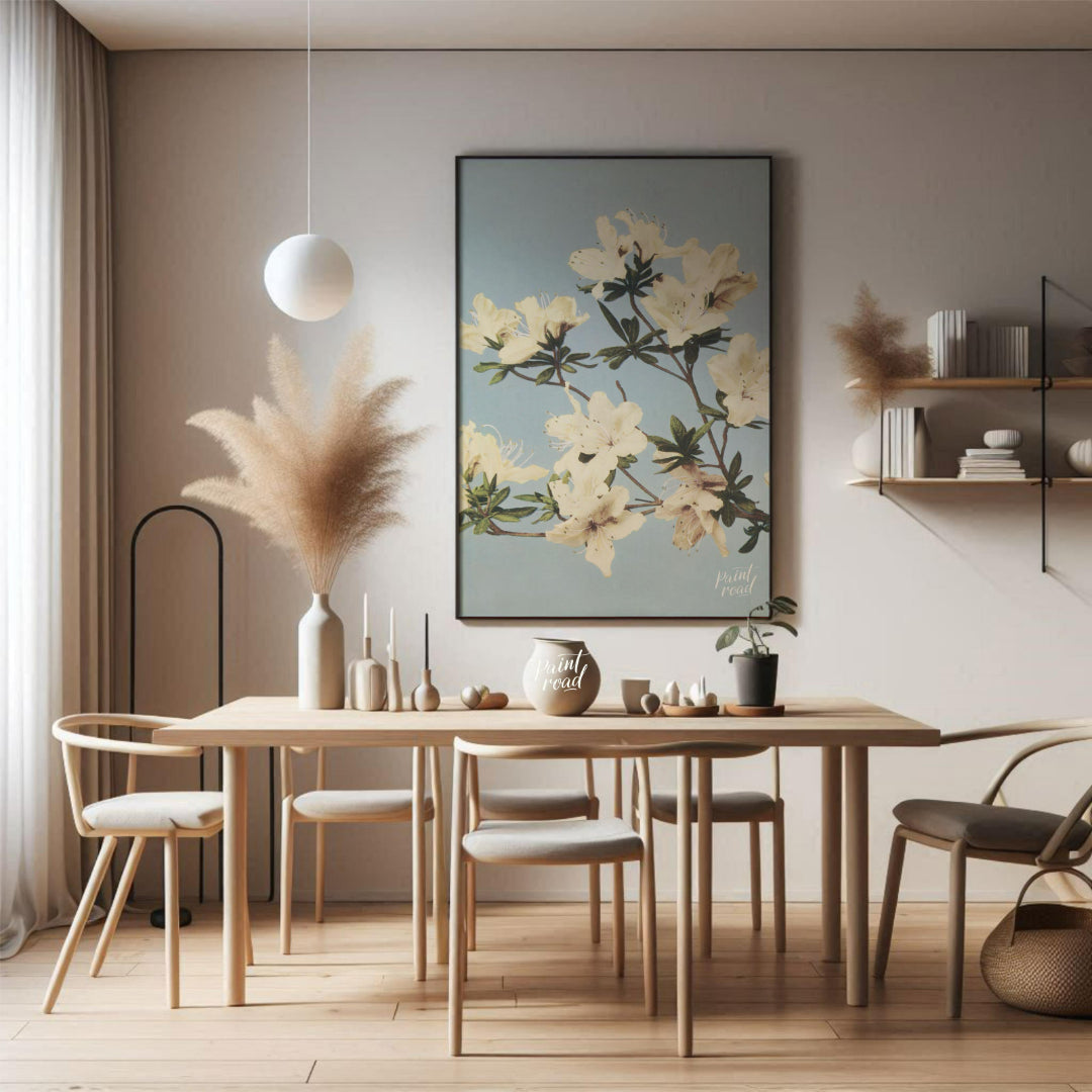 This botanical illustration captures the delicate beauty of white azalea blossoms against a soft, p… for dining room