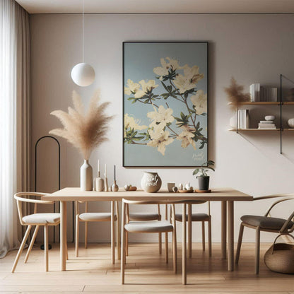 This botanical illustration captures the delicate beauty of white azalea blossoms against a soft, p… for dining room