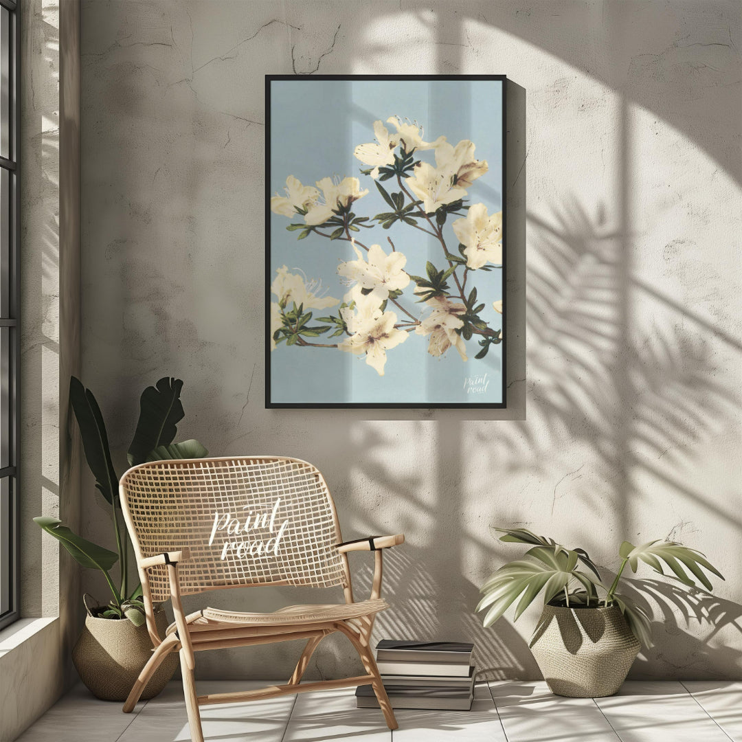 This botanical illustration captures the delicate beauty of white azalea blossoms against a soft, p… for living room