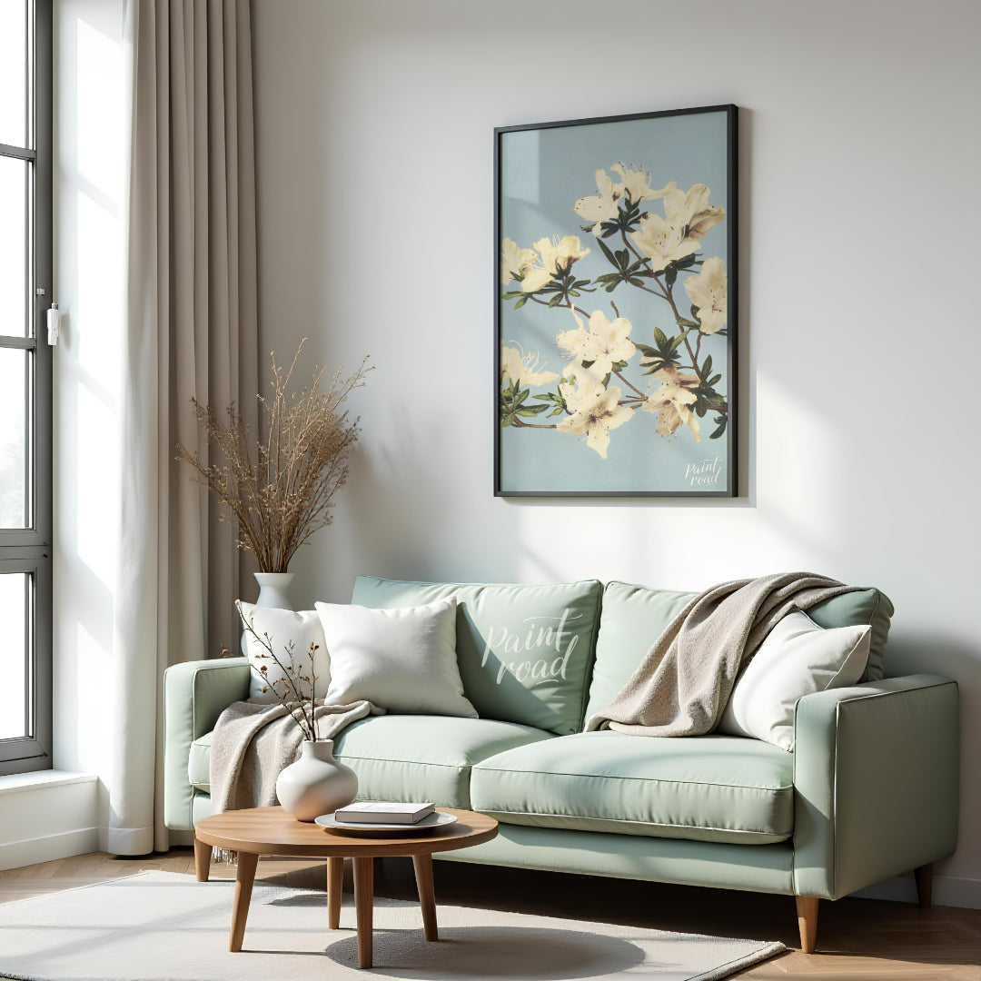 This botanical illustration captures the delicate beauty of white azalea blossoms against a soft, p… for living room
