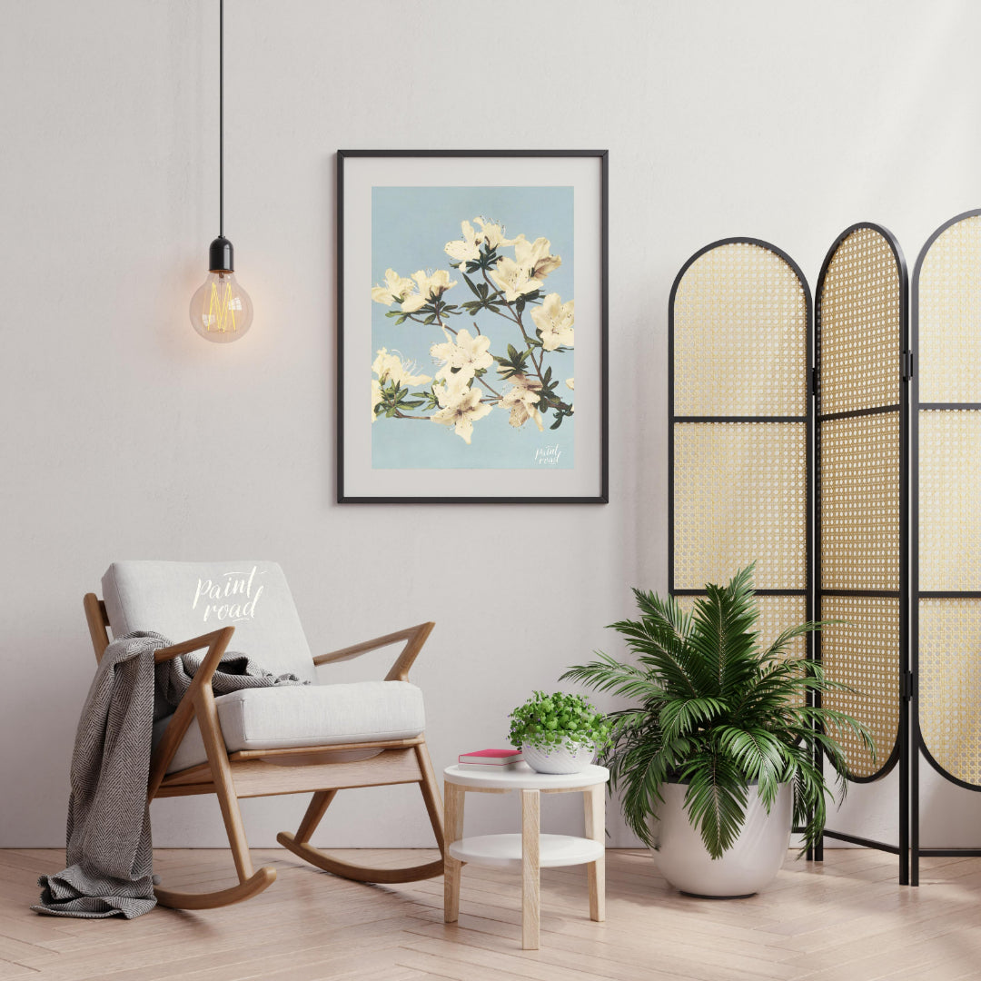 This botanical illustration captures the delicate beauty of white azalea blossoms against a soft, p… for living room