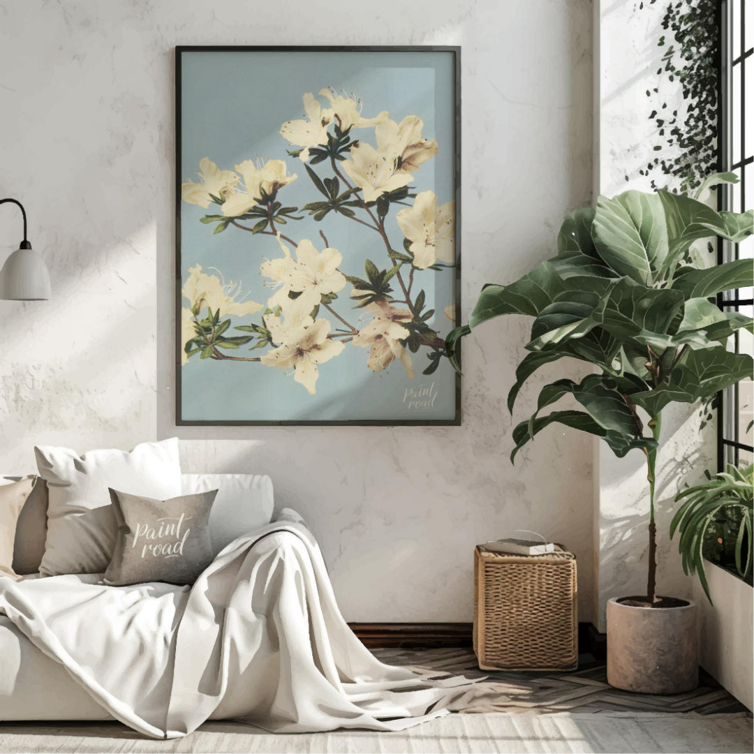 This botanical illustration captures the delicate beauty of white azalea blossoms against a soft, p… for living room