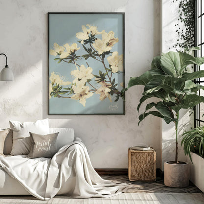 This botanical illustration captures the delicate beauty of white azalea blossoms against a soft, p… for living room