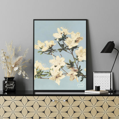 This botanical illustration captures the delicate beauty of white azalea blossoms against a soft, p… for office