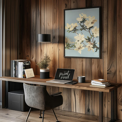 This botanical illustration captures the delicate beauty of white azalea blossoms against a soft, p… for office