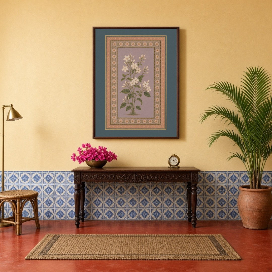 Experience the serene beauty of Mughal art with this exquisite print depicting a sprig of ivory for Hallway