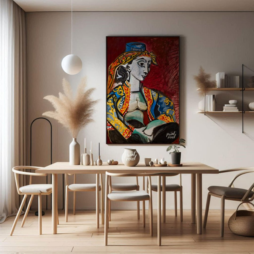 Pablo Picasso’s “Jacqueline in Turkish Costume” is a vibrant and highly expressive portrait of his … for dining room