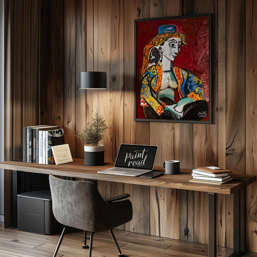 Pablo Picasso’s “Jacqueline in Turkish Costume” is a vibrant and highly expressive portrait of his … for office