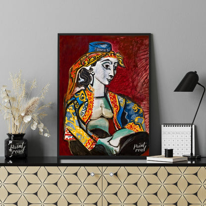 Pablo Picasso’s “Jacqueline in Turkish Costume” is a vibrant and highly expressive portrait of his … for office