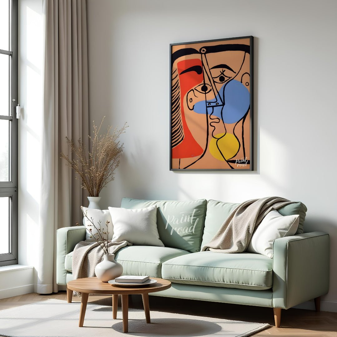 This vibrant and emotionally charged portrait by Pablo Picasso depicts Jacqueline Roque, his second… for living room