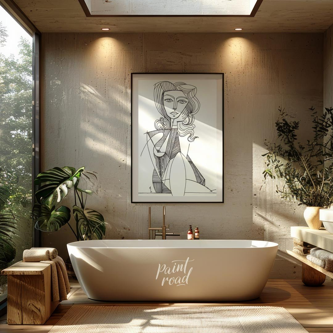 This elegant line drawing by Pablo Picasso features a portrait of Jacqueline Roque, his second wife… for bathroom