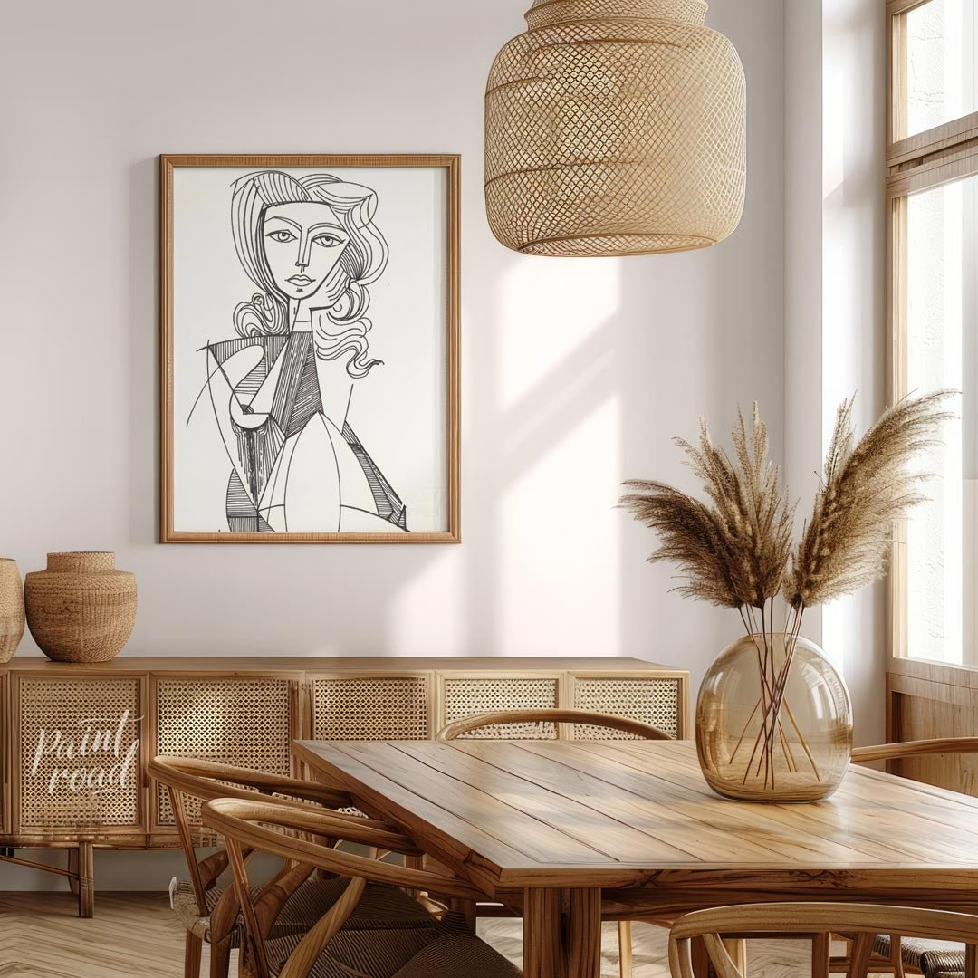This elegant line drawing by Pablo Picasso features a portrait of Jacqueline Roque, his second wife… for dining room