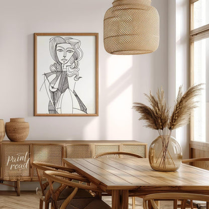 This elegant line drawing by Pablo Picasso features a portrait of Jacqueline Roque, his second wife… for dining room