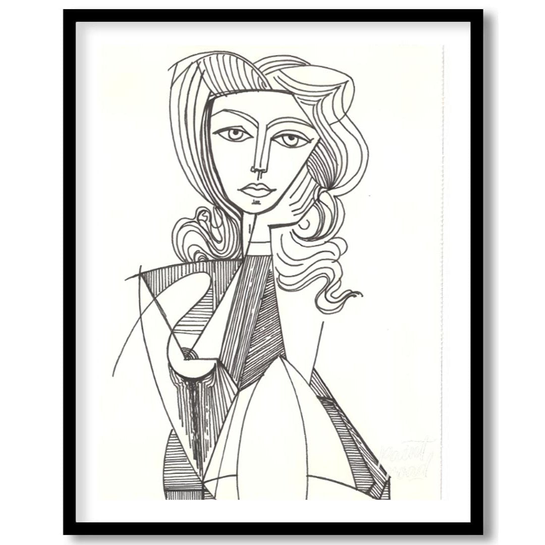 This elegant line drawing by Pablo Picasso features a portrait of Jacqueline Roque, his second wife… for space