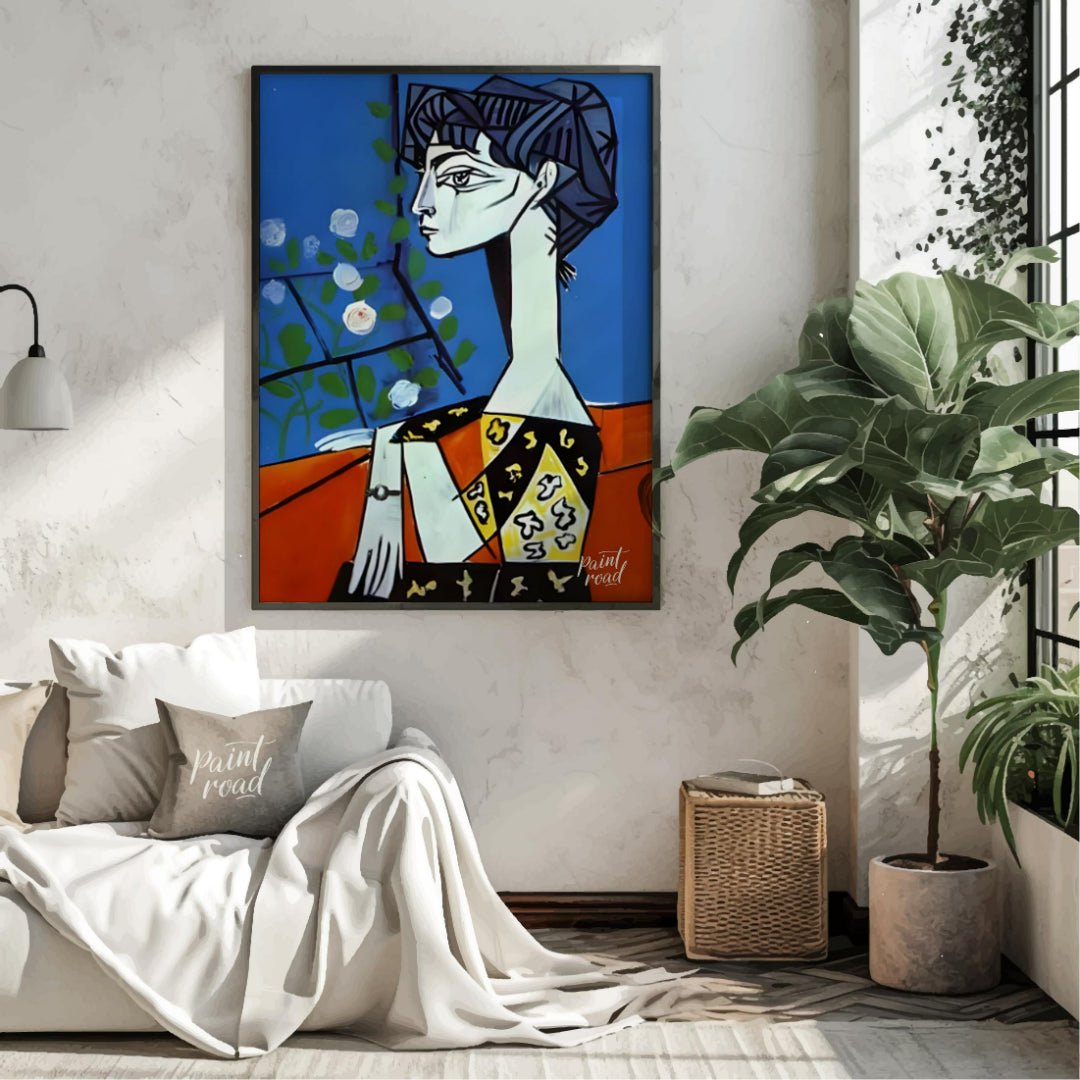 Jacqueline with Flowers Painting available online at Paintroad showing 20th century art collector and art decor