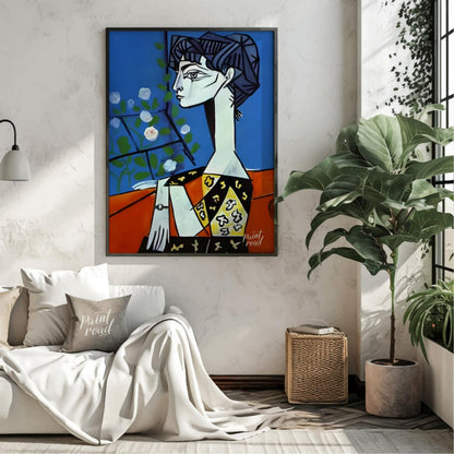 Jacqueline with Flowers Painting available online at Paintroad showing 20th century art collector and art decor