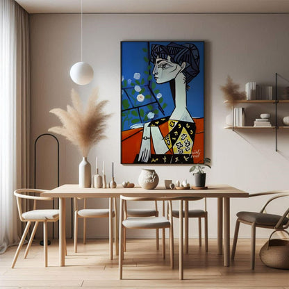 Jacqueline with Flowers Painting available online at Paintroad showing 20th century art collector and art decor